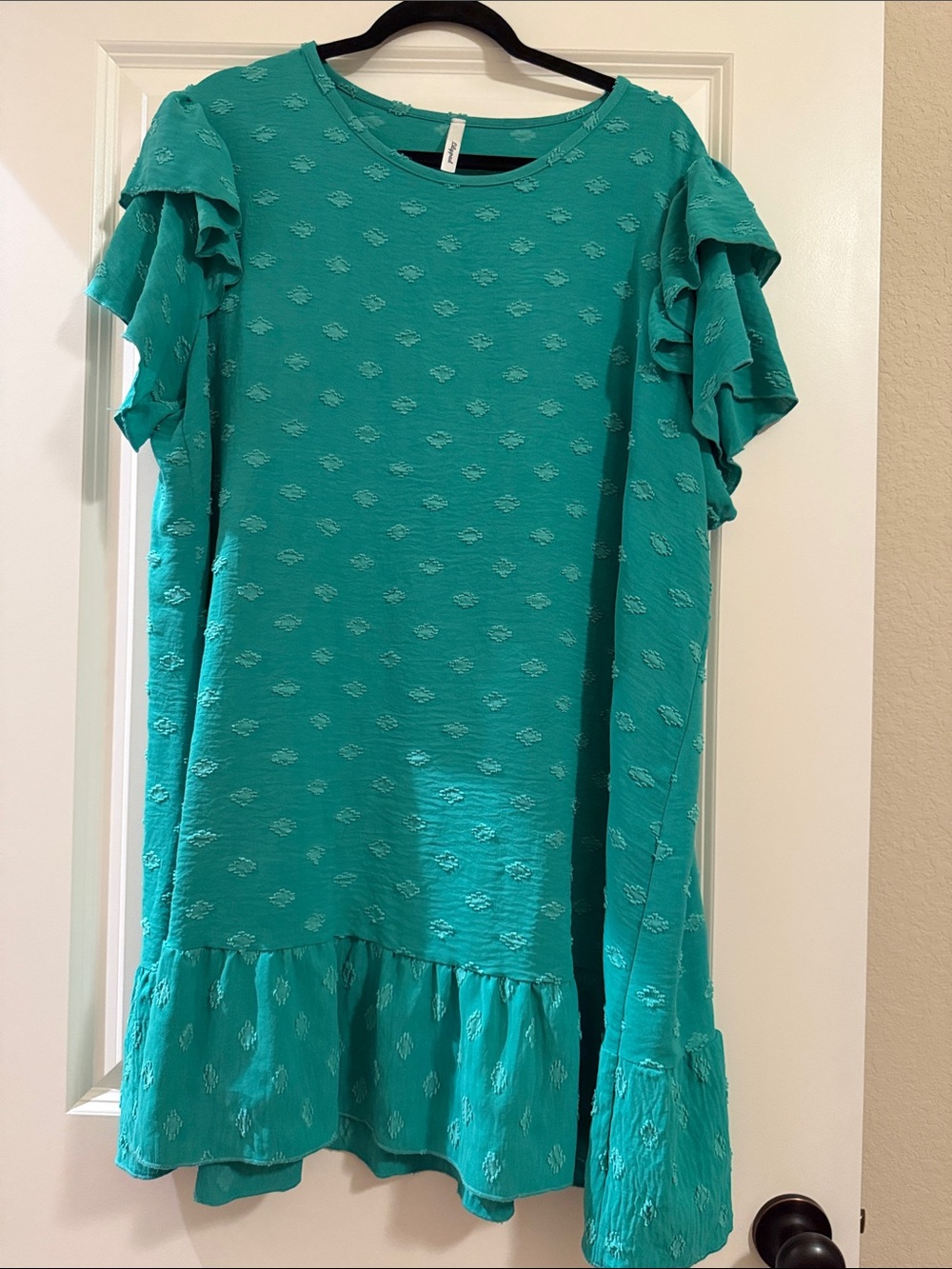 Teal Ruffle-Sleeve Midi Dress with Flared Hem
